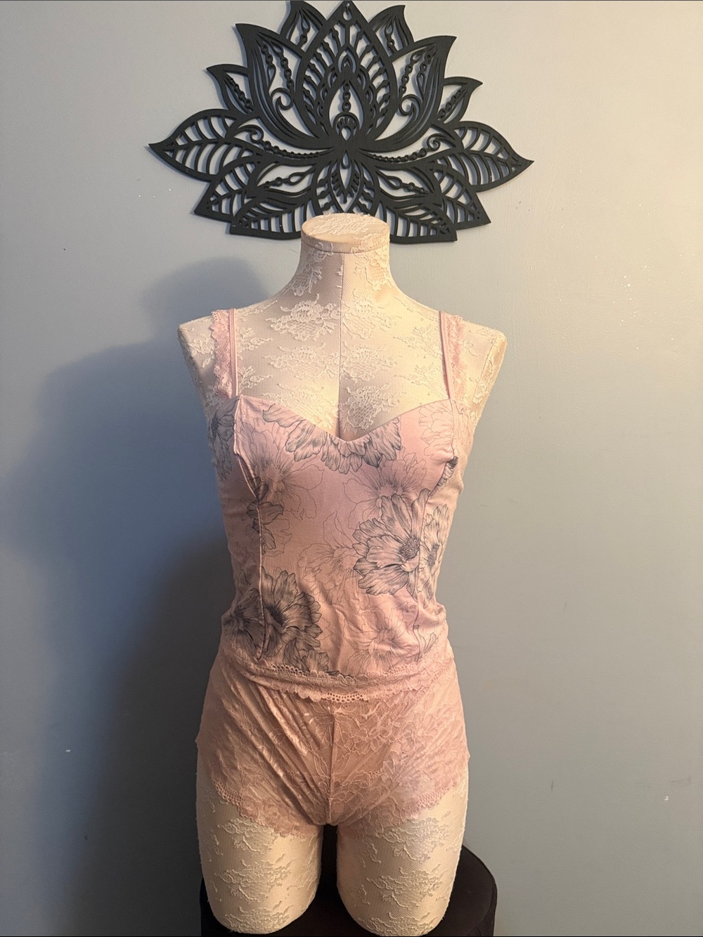 Victoria's Secret Pink Floral Lace-Trim Cami Set M